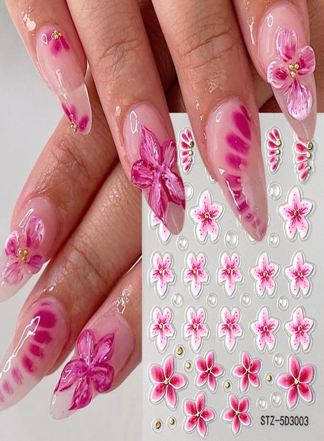 BSBTBZ Flowers Nail Stickers, 5D Embossed Pink Small Flower Nail Decals, Spring Relief Lily Nail Art, 3D Acrylic Flowers Embossed Sliders Gold Star Cherry Blossom Manicure Decor for DIY Nail Art Decorations - Image 2